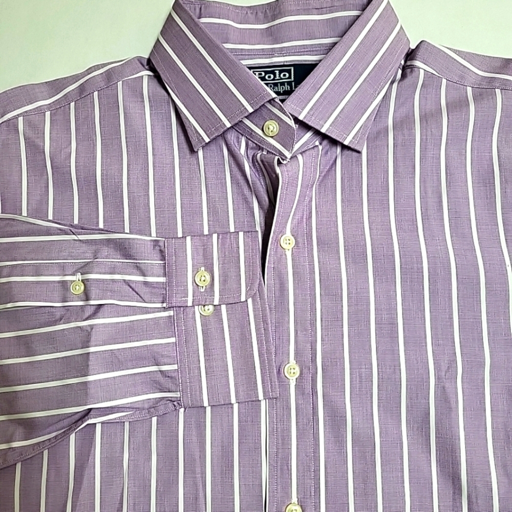 Polo Ralph Lauren Men's L 16.5 Regent Purple‎ White Stripe Button Up Classic Fit